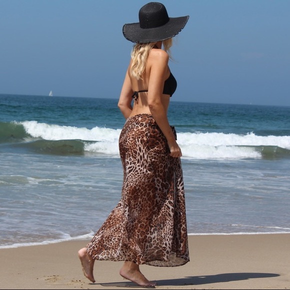 Long Leopard Sarong Beach Cover-Up Brown - Picture 2 of 2